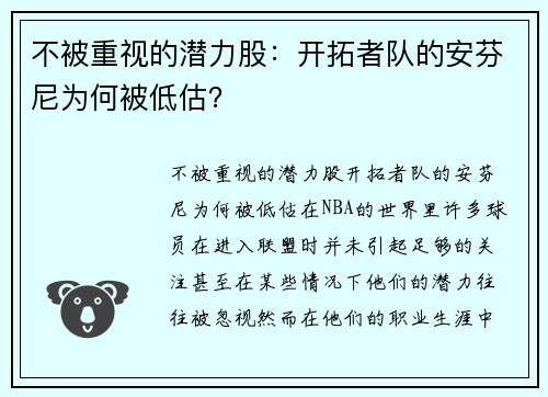 不被重视的潜力股：开拓者队的安芬尼为何被低估？